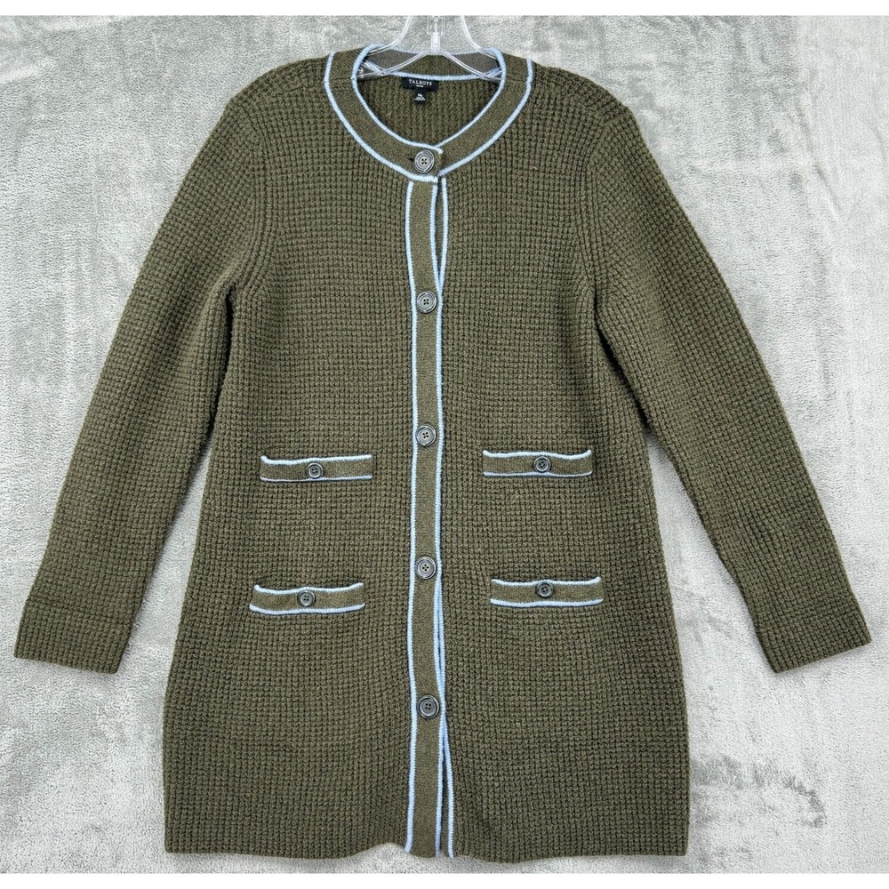Talbots Sweater Medium Petite Wool Blend Mid Length Preppy Cozy‎ Green Chunky